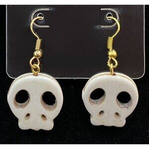 Handmade Gold Tone White Skull Earrings by Neanie-Bot